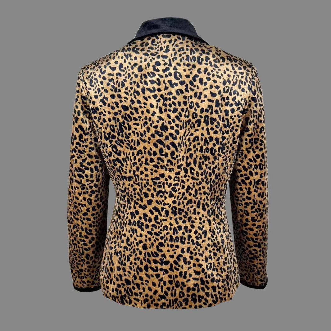 Womens Leopard Print Blazer Button Up Business Jacket Fashion Contrast Lapel